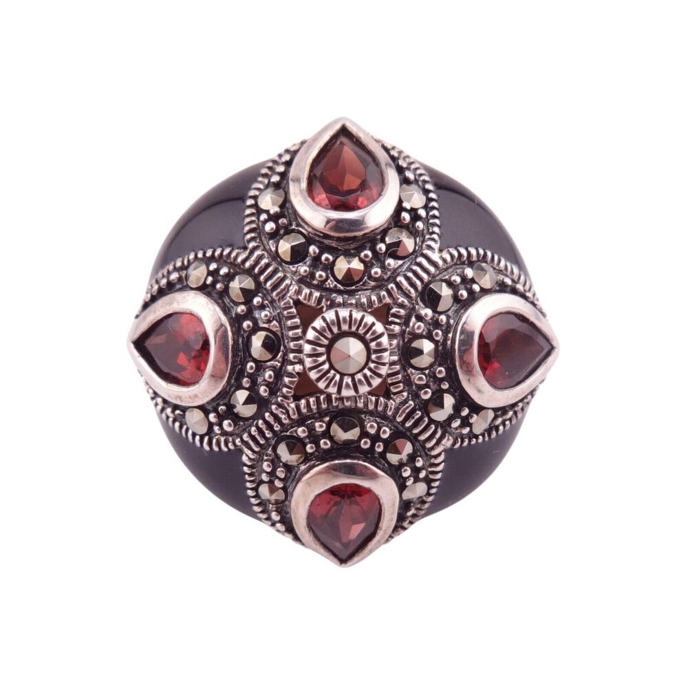 Red Crystal & Marcasite Blk Enamel Silvertone Statement Ring - Size 8 NEW IN BOX